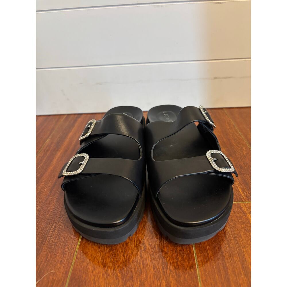 Vionic Black Platform Slide Sandals with Silver Buckles - Picture 2 of 9